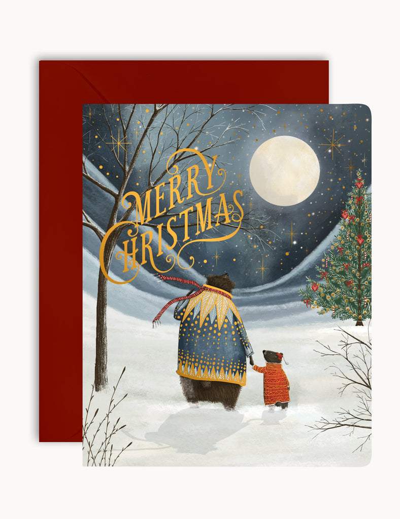 Bespoke Letterpress   Merry Christmas Starry Night Bears Card