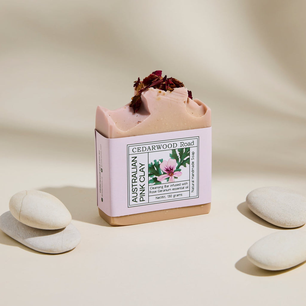 CEDARWOOD Road Australian  Pink Clay Soap Balance and Beauty with Rose Geranium Essential Oil