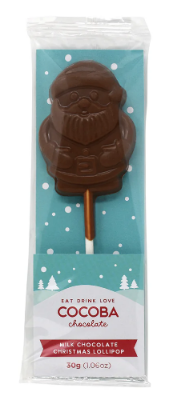 Chocolate lollipop in a package with 'Cocoba' branding on a light blue background.