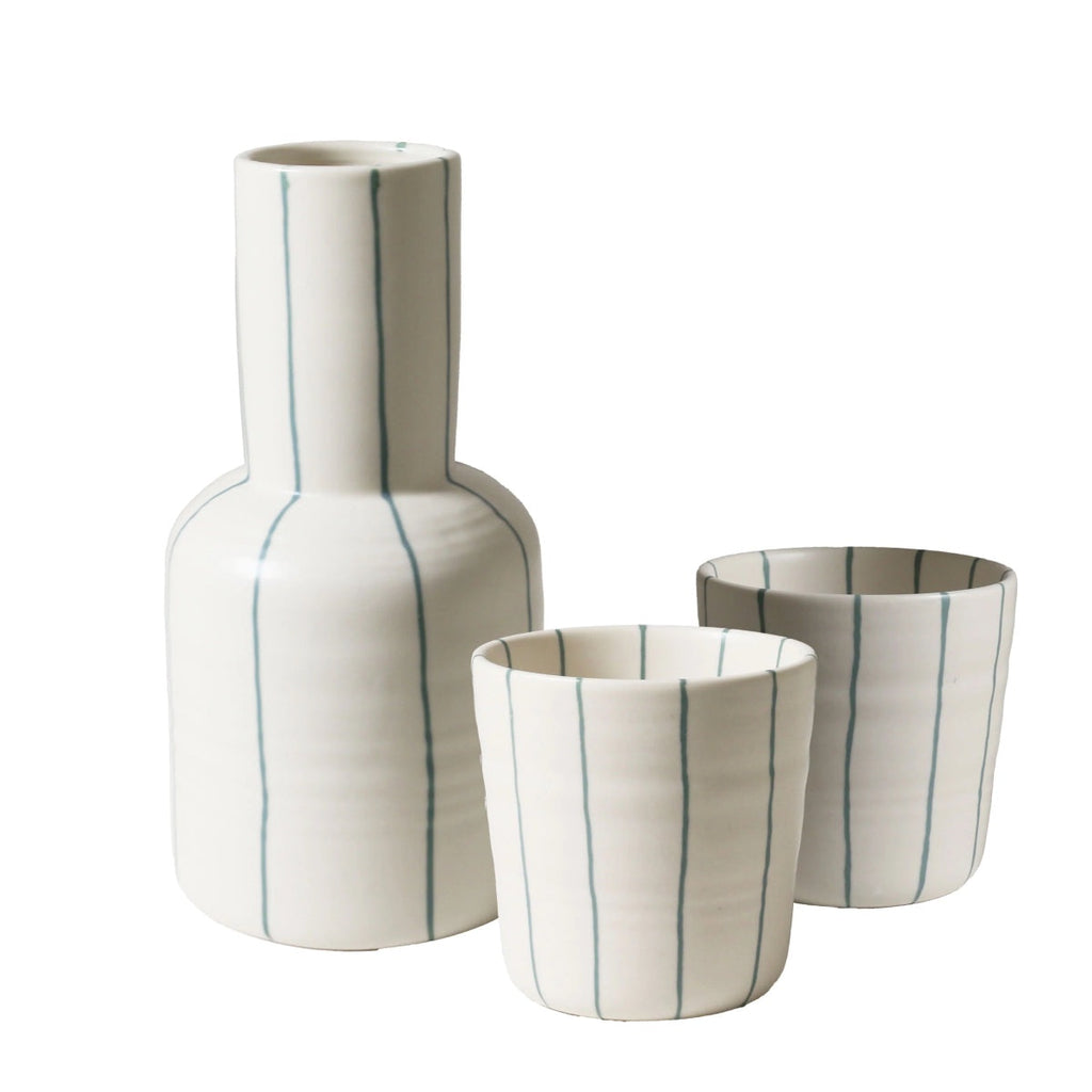 Robert Gordon   Carafe & Two Cup Set Coastal Cream & Green Stripe
