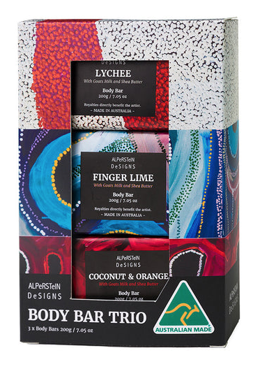Box of Alpersstein Designs body bar trio with colorful packaging