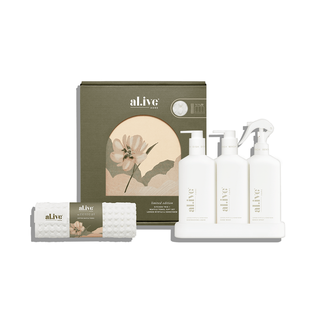 al.ive Body The Retreat  Limited Edition Kitchen Trio & Towel Gift Set Lemon Myrtle & Honeydew