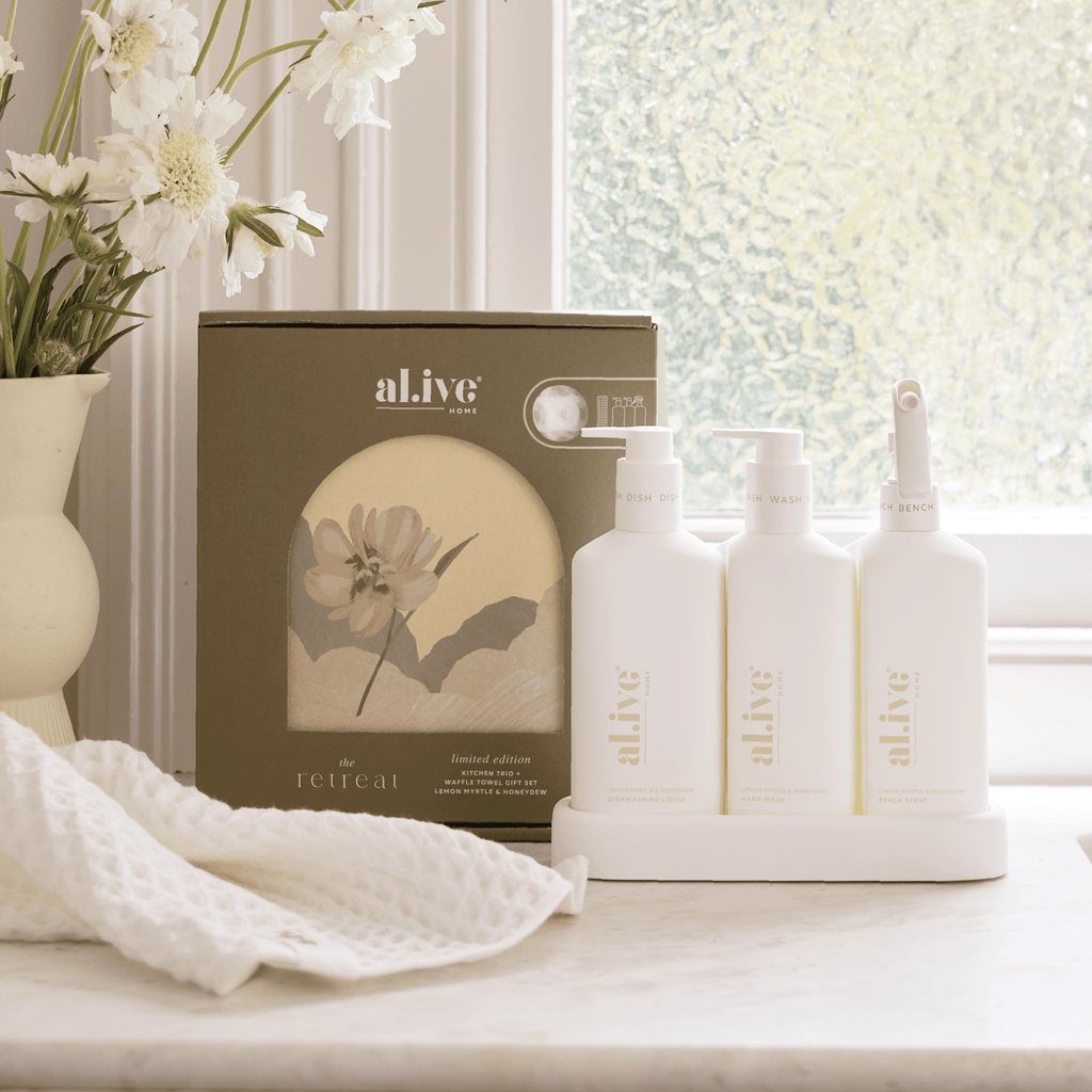 al.ive Body The Retreat  Limited Edition Kitchen Trio & Towel Gift Set Lemon Myrtle & Honeydew