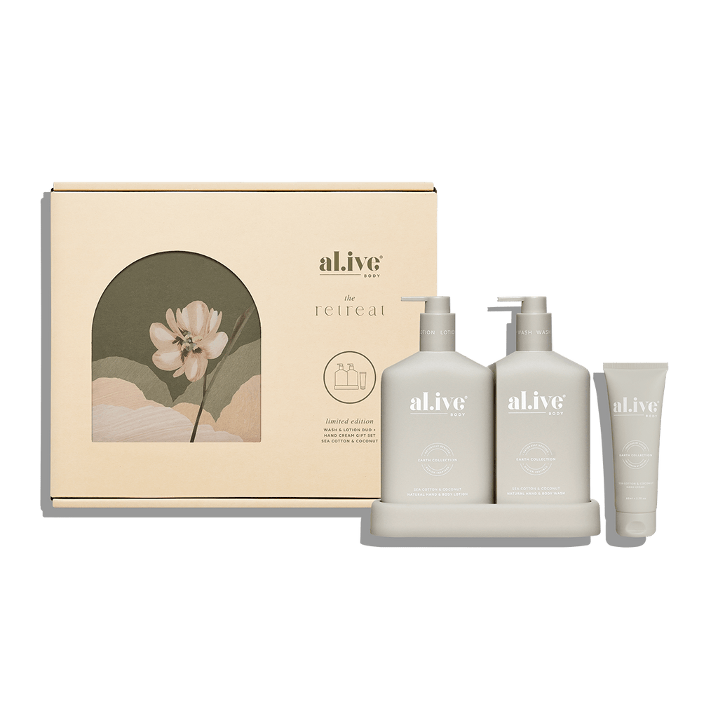 al.ive Body The Retreat Limited Edition Wash & Lotion Duo + Hand Cream Gift Set Sea Cotton & Coconut