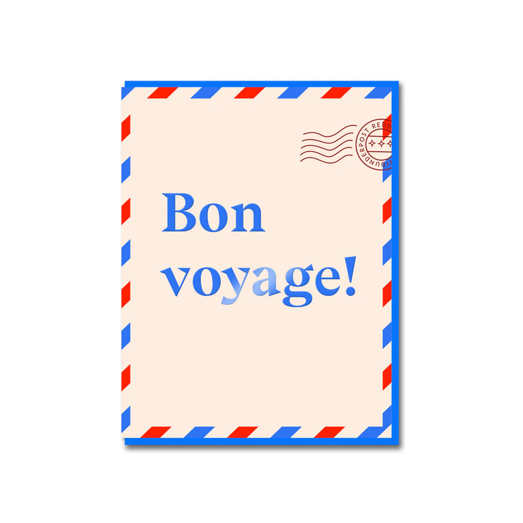 Card with 'Bon voyage!' text on a beige background with red, white, and blue border 1973 letter card