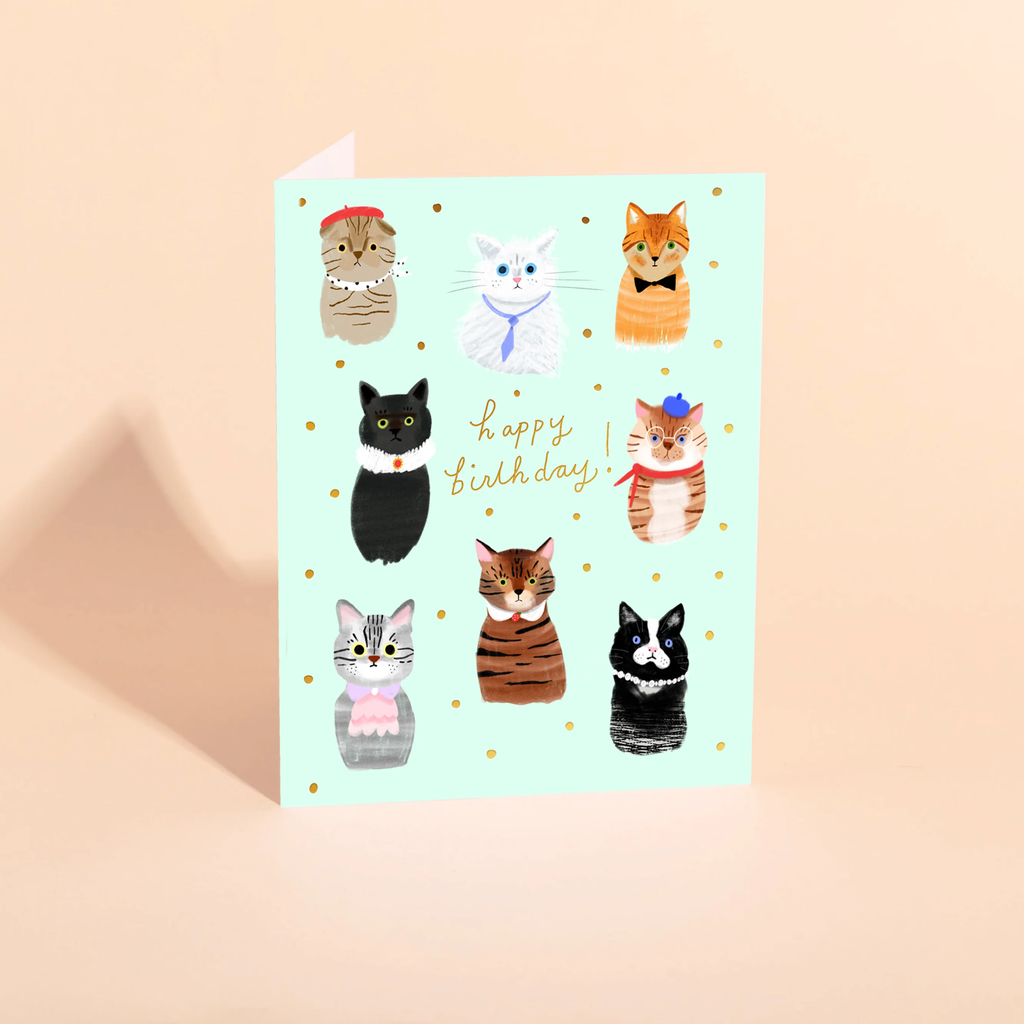 Birthday card with illustrations of cats on a light blue background carolyn suzuki party cats