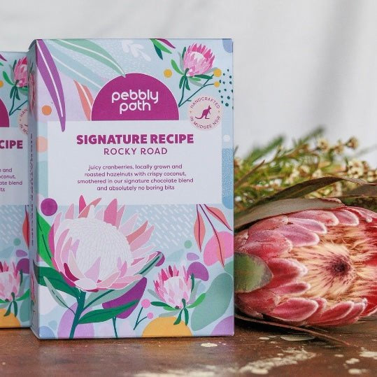 Pebbley Path Signature Recipe Rocky Road packaging with floral design