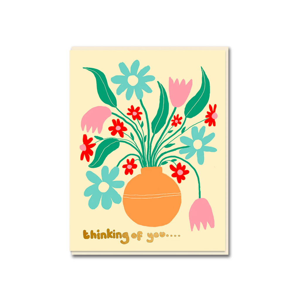 Card with a colorful floral design and 'thinking of you' text on a beige background 1973 
