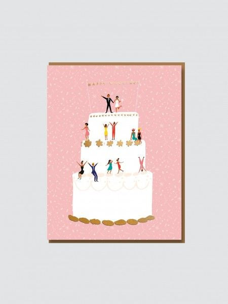 Illustration of a wedding cake with small figures on a pink background 1973 