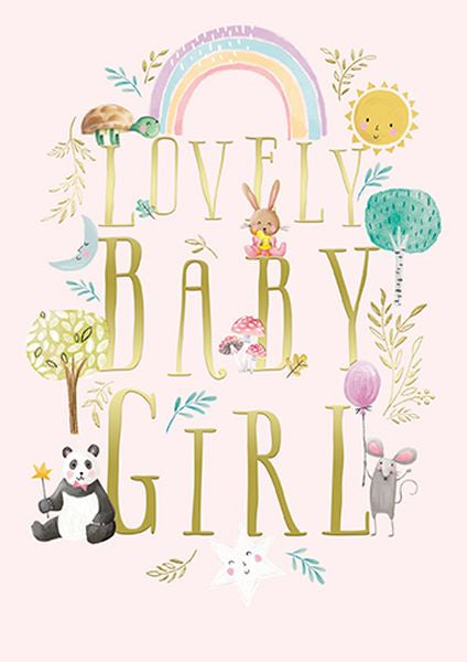 Cartoon illustration with 'Lovely Baby Girl' text surrounded by animals and nature elements on a white background.the great british card company