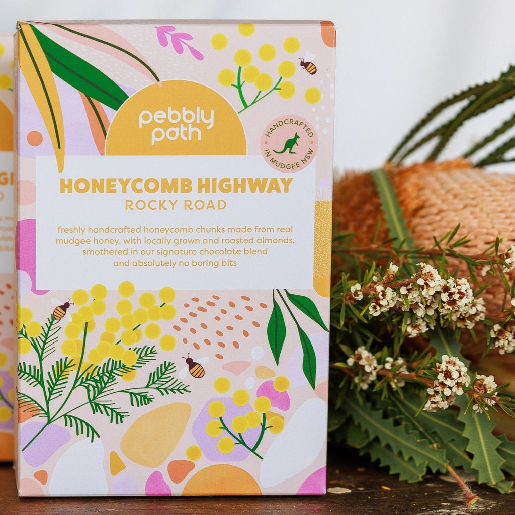 Pebbly Path honeycomb rocky road packaging with floral design