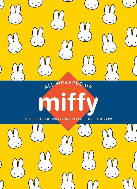 Packaging of 'All Wrapped Up Miffy' with white bunny illustrations on a yellow background gioco giro west preston