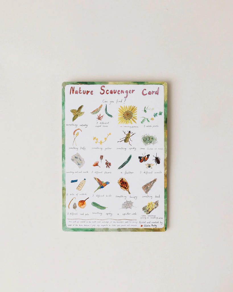 Nature Scavenger Card with illustrations of various items on a white background