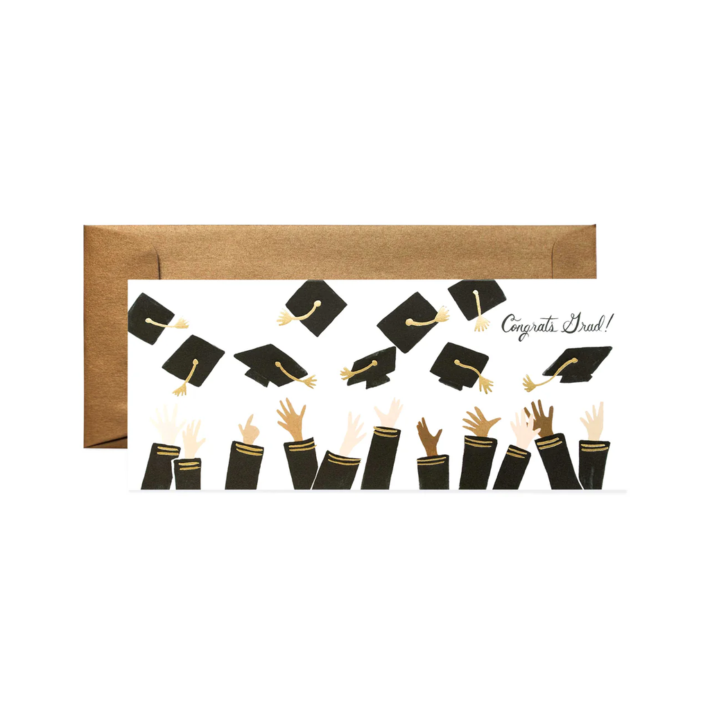 Graduation-themed card with caps and diplomas on a white background rifle paper co 
