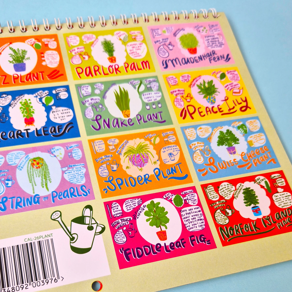 2026 House Plant Calendar with red text and green leaf illustrations on a pink background able game
