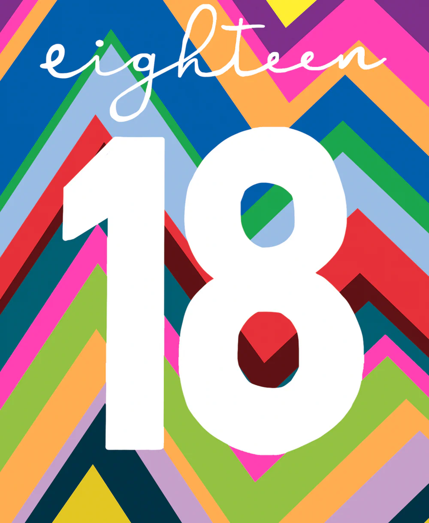 Colorful geometric pattern with the number '18' and the word 'eighteen'.