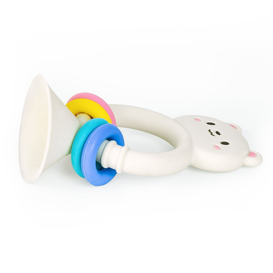 High chair buddy silicone bear toy packaging with colorful rings on a white background tiger tribe