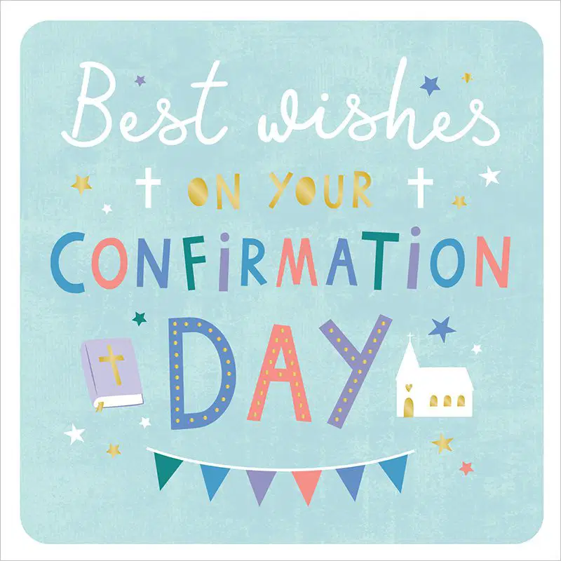 Greeting card with 'Best wishes on your Confirmation Day' text on a light blue background