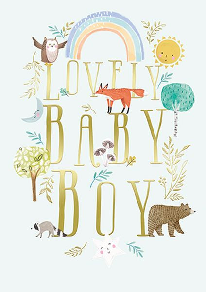 Illustration with 'Lovely Baby Boy' text surrounded by animals and nature elements on a white background. the great british card company
