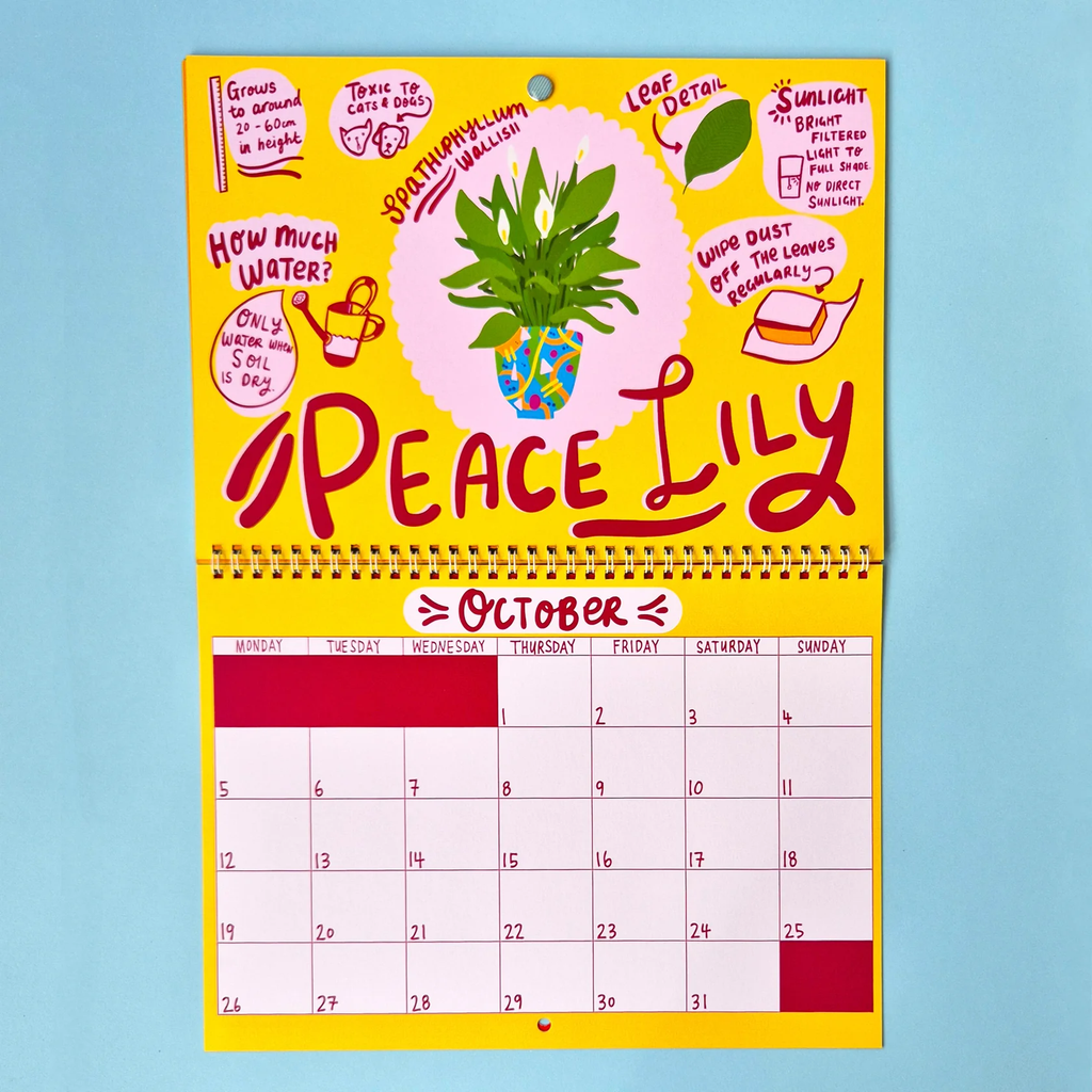 2026 House Plant Calendar with red text and green leaf illustrations on a pink background able game