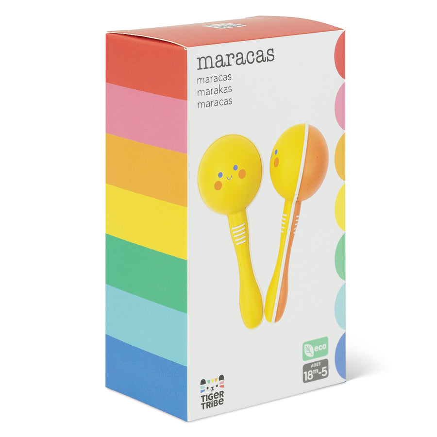 Box of maracas with colorful design and 'Tiger Tribe' branding