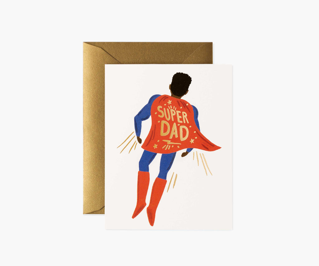 Card with superhero silhouette wearing a 'Super Dad' cape on a white background