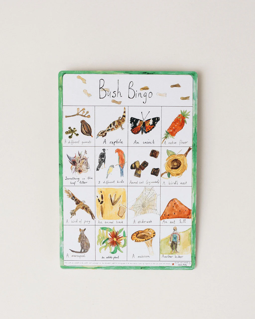 Bush Bingo game board with illustrations of nature-themed items on a white background
