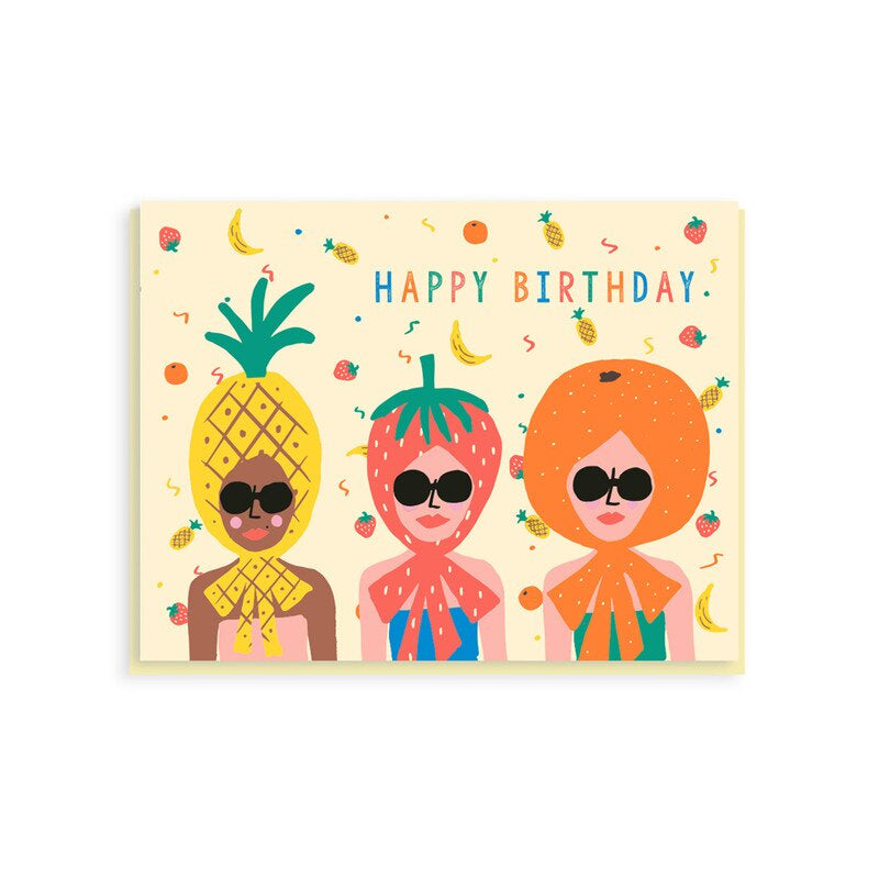Birthday card with fruit-themed characters and 'Happy Birthday' text on a beige background