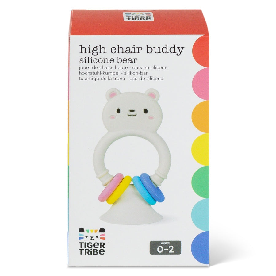 High chair buddy silicone bear toy packaging with colorful rings on a white background tiger tribe