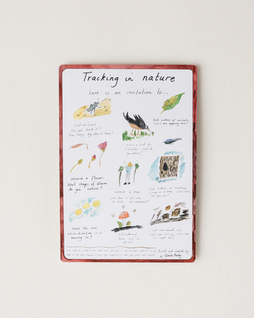 Sheet of paper titled 'Tracking in nature' with illustrations and text on a white background