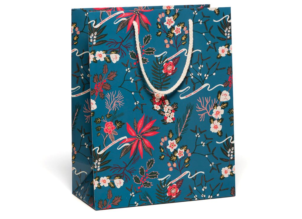 christmas poinsettia blue gift bag